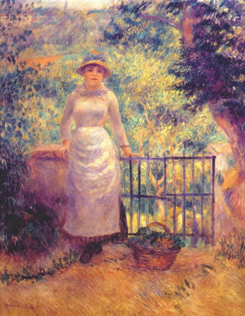 Aline at the gate. Girl in the garden 1884